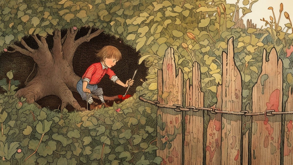 "The Stake," original illustration by the author, based on my Midjourney prompt. A young lame boy plunges a stake into a heart. He sits with his cane inside a fantasy tree grove surrounded by a decaying wooden fence. In the style of Arthur Rackham's & Fritz Kredel's illustrations for Grimm's Fairy Tales.