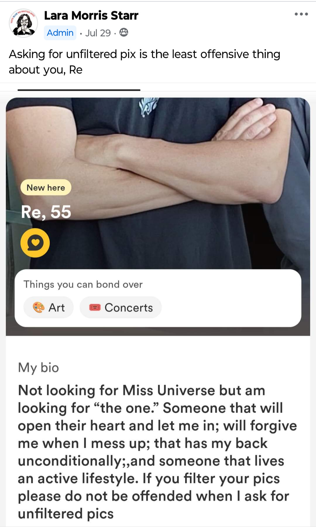 online dating profile of man looking for a woman who's not Miss Universe but is "the one" with image of arms crossed in front of chest