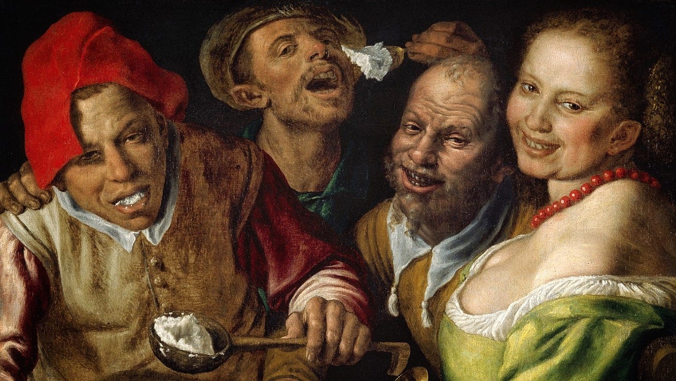 Three peasant men stuffing themselves with ricotta, spooning the stuff from a subtly skull-shaped pile as a large bosomed woman in a green dress looks directly at the viewer. 