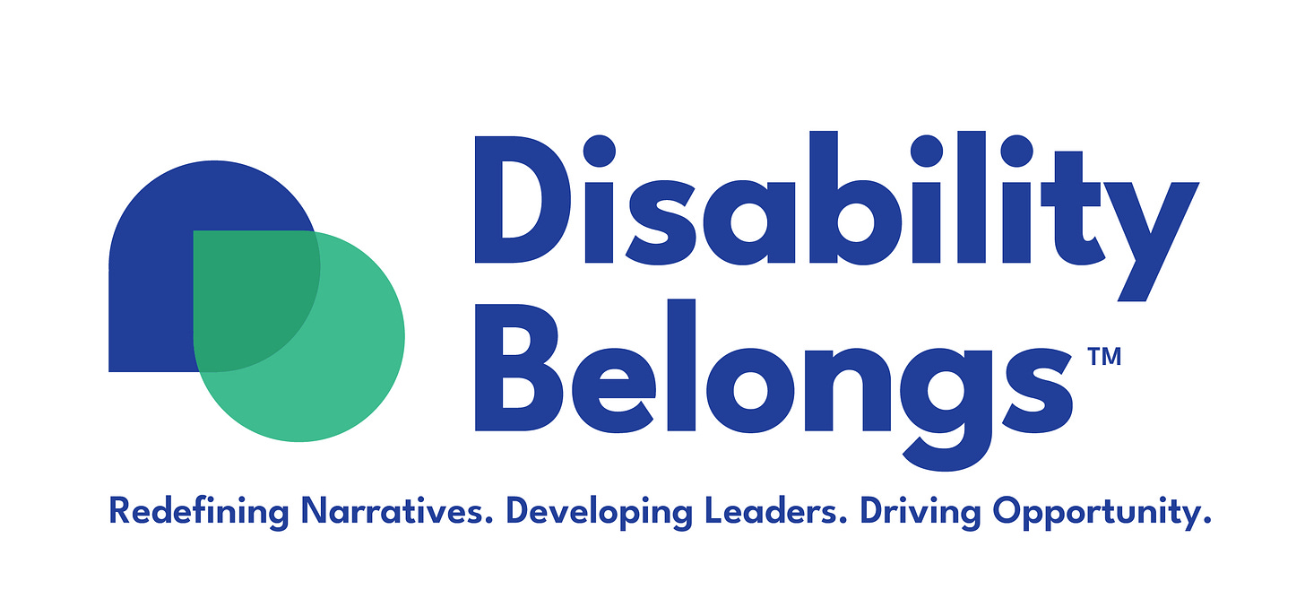 The Disability Belongs logo features two shapes, one blue and one green, that overlap