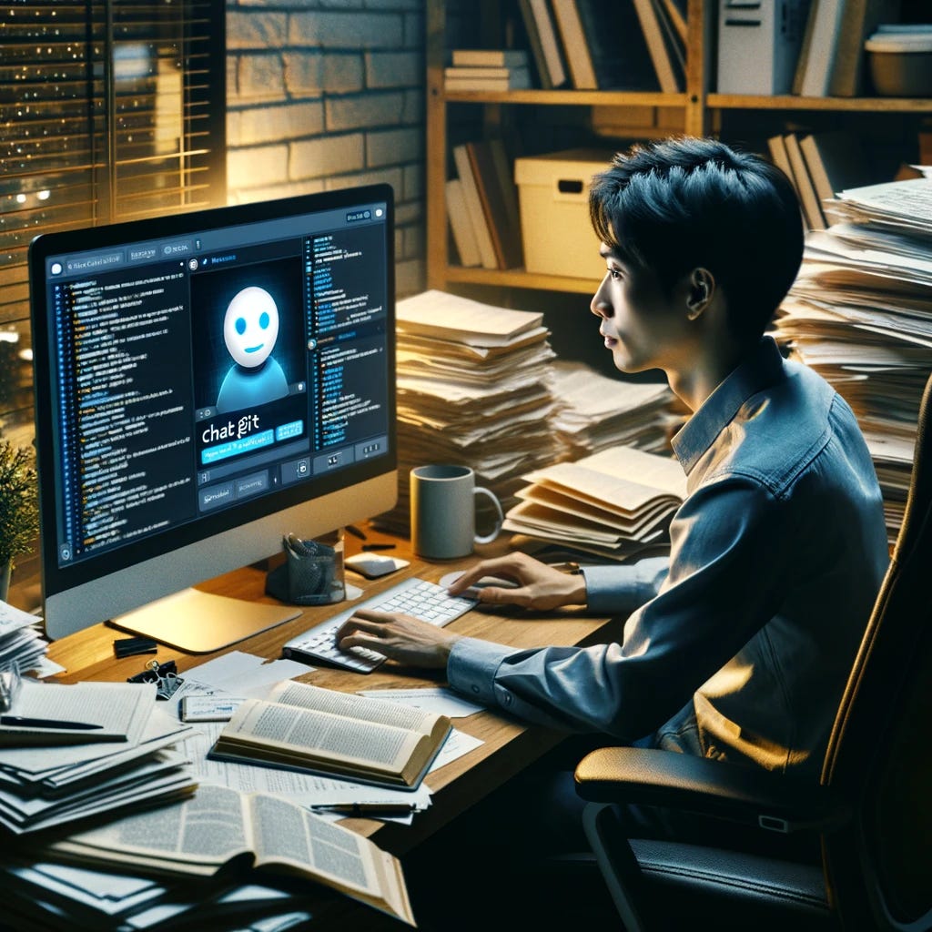 An Asian individual is focused and seated in front of a computer within a home office. The room is filled with stacks of papers and open books, indicating a heavy workload. The computer screen is alive with a chat interface, showing an active dialogue with ChatGPT. There's a visible sense of accomplishment on the person's face as they efficiently tackle and mark off tasks from a once daunting to-do list. The environment is well-lit, symbolizing a space of productivity and the effective synergy between the individual and AI technology, demonstrating the transformation of overwhelming tasks into manageable achievements.