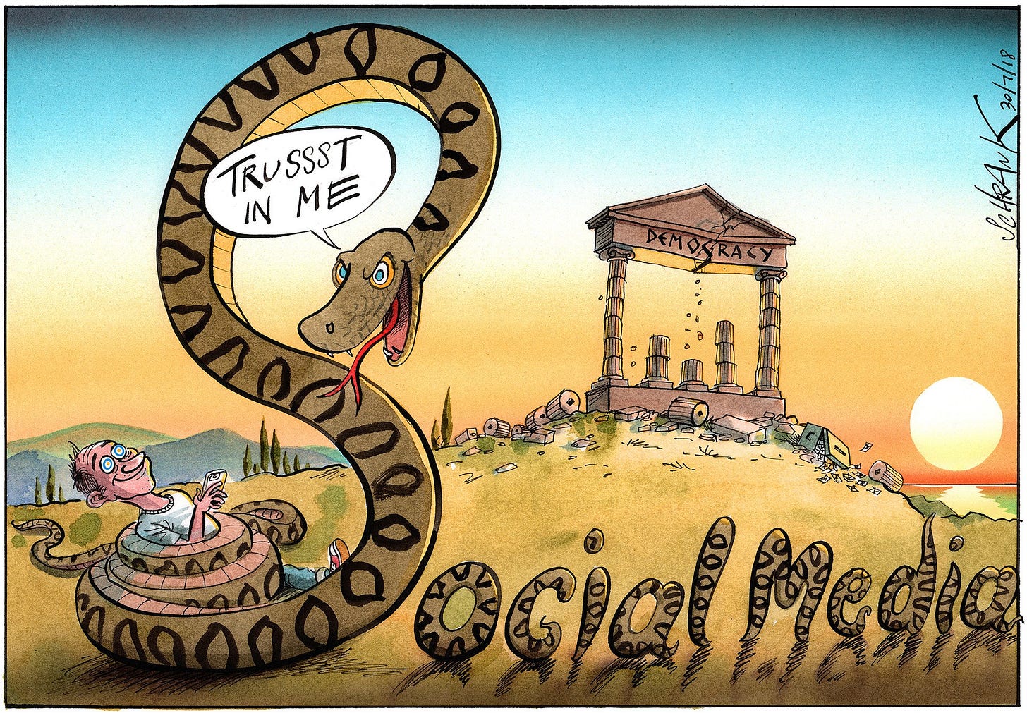 PeterSchrank on X: "My cartoon from today's @thetimes on #socialmedia vs # democracy @facebook #Twitter #ancientgreece #junglebook #FakeNews  #BrexitLies https://t.co/rJR9OzG39z" / X