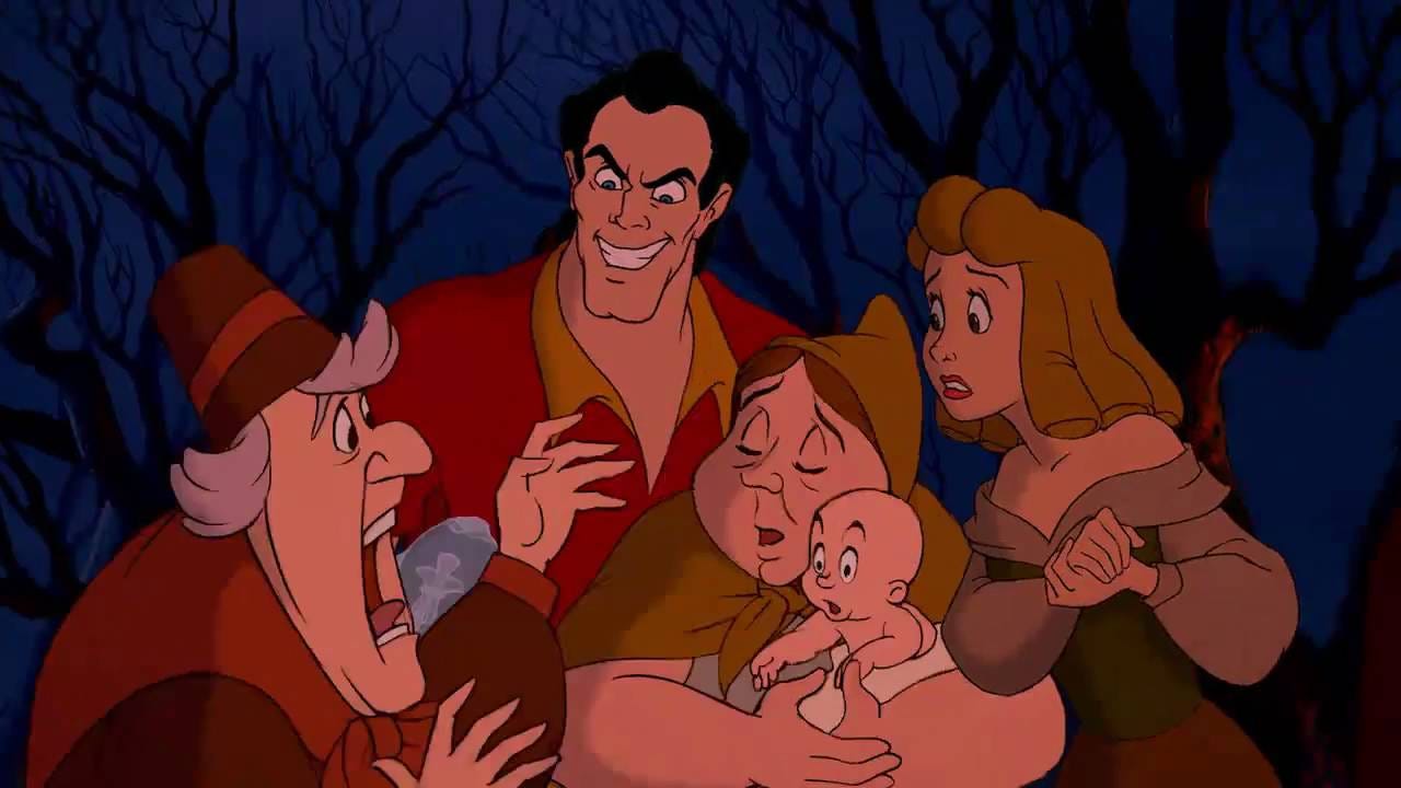Gaston and townspeople during The Mob Song in Beauty and the Beast.