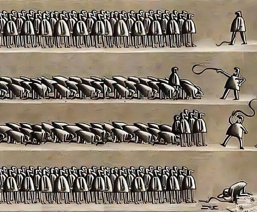 An illustration depicting the progression from disorganized individual efforts to a unified collective overcoming a stronger adversary, symbolizing the power of unity, the exercise of Second Amendment rights to form well-regulated militias, and the Tenth Amendment to assert state authority when the federal government fails.