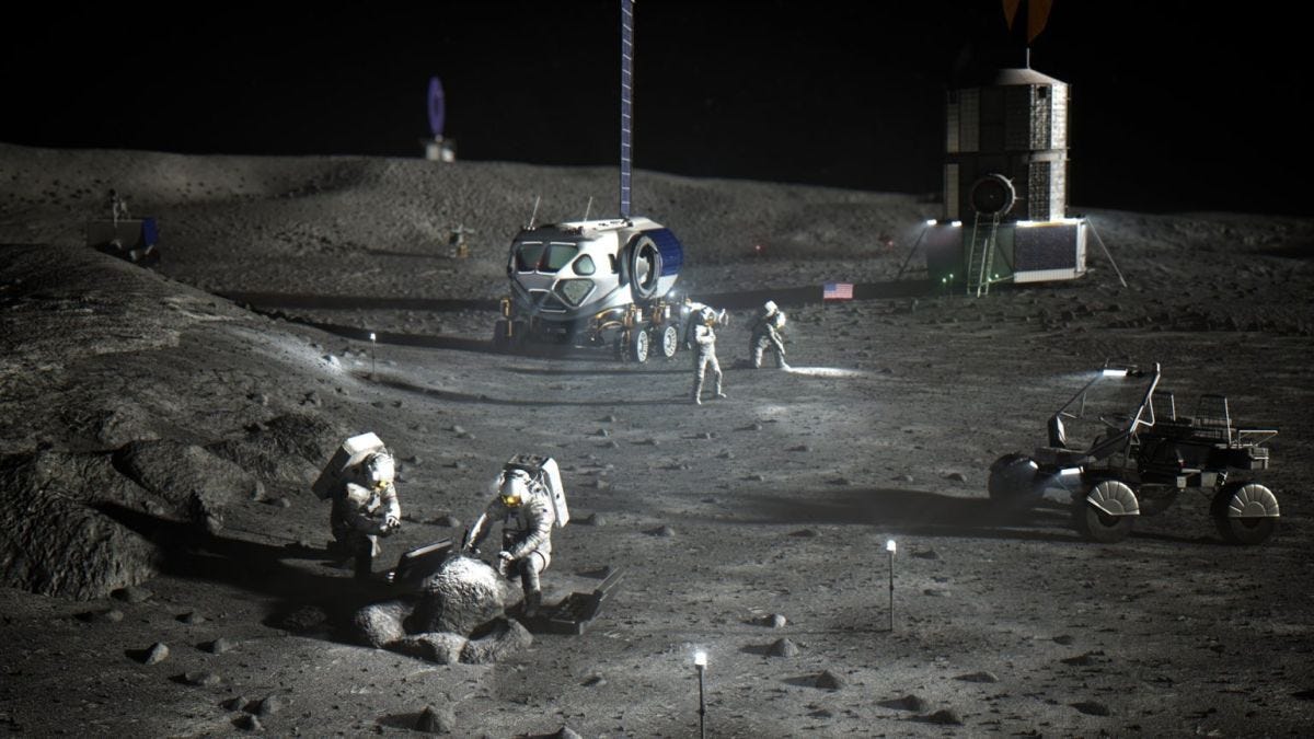 A rendering of astronauts and lunar vehicles on the Moon.