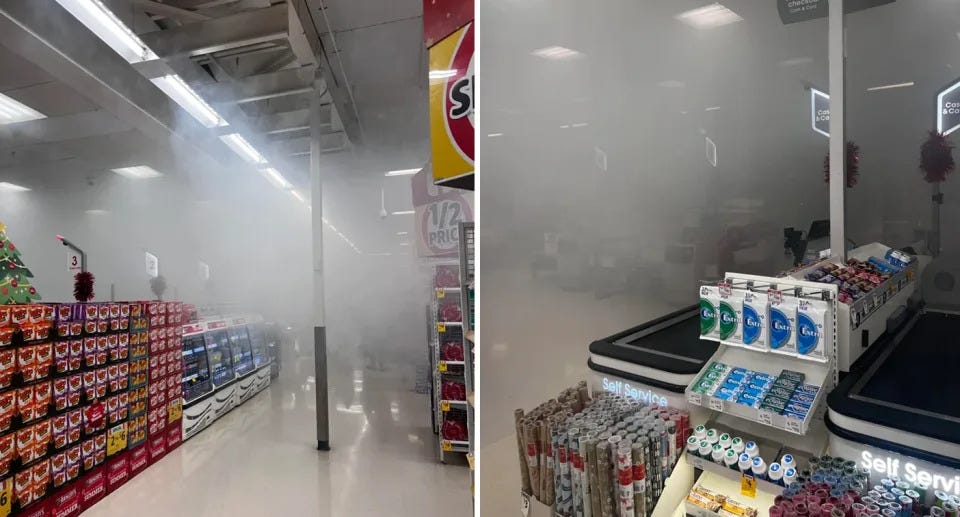 Coles store filled with fog. 