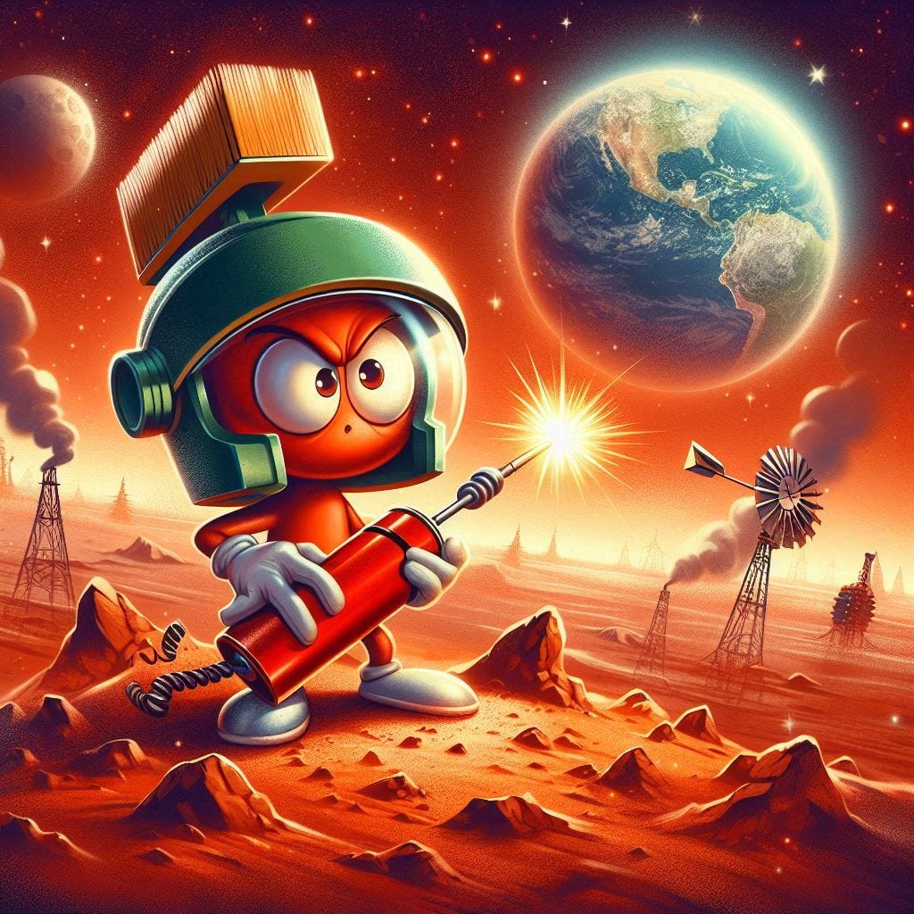 Marvin considering Earth-Shattering Kaboom. Image by Bing.