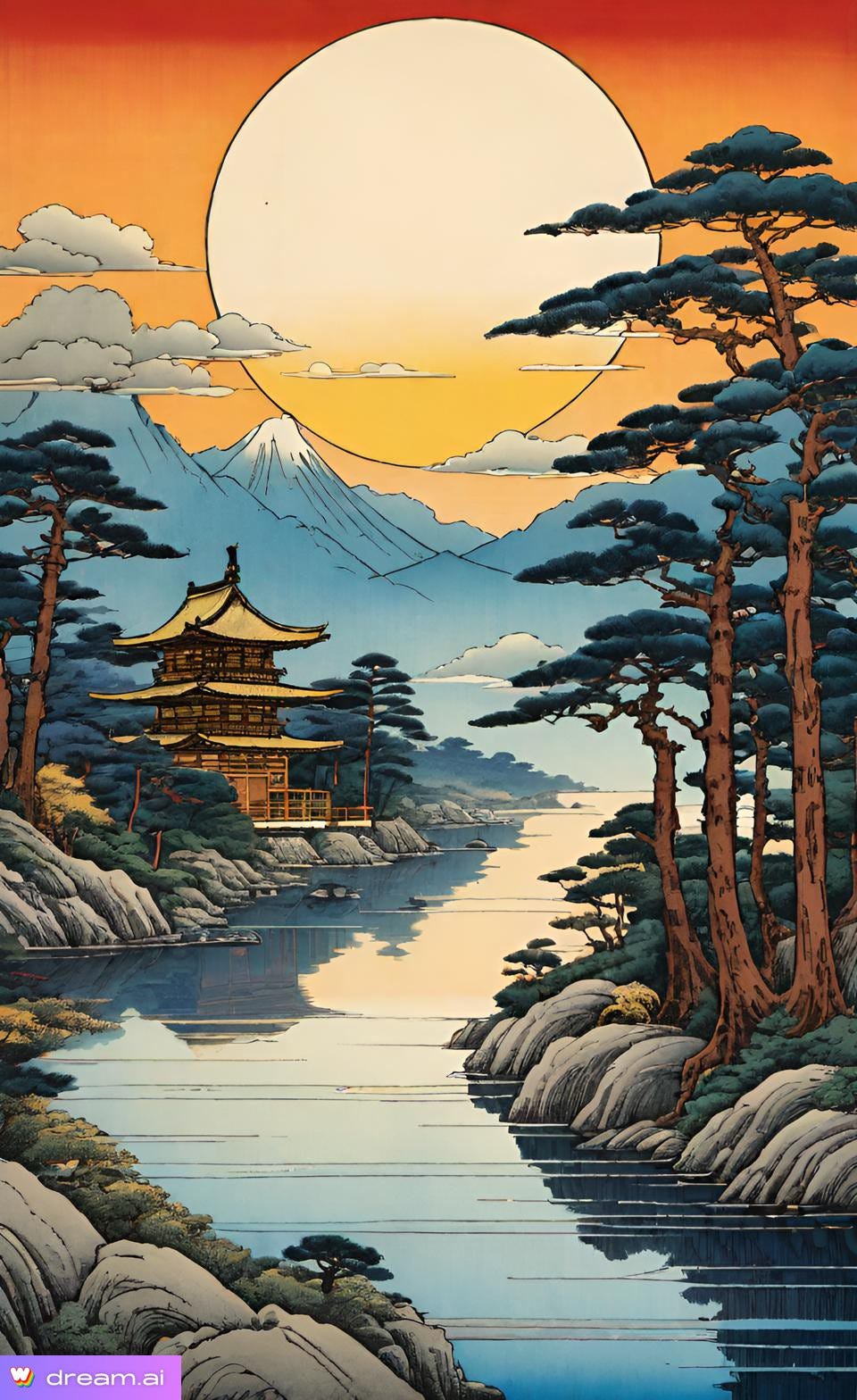 Image done in Japanese block-print style of a sun rising in a golden-red sky over a tranquil river seen with a three-story shrine overlooking the water, mountains in the rear and trees on either bank.