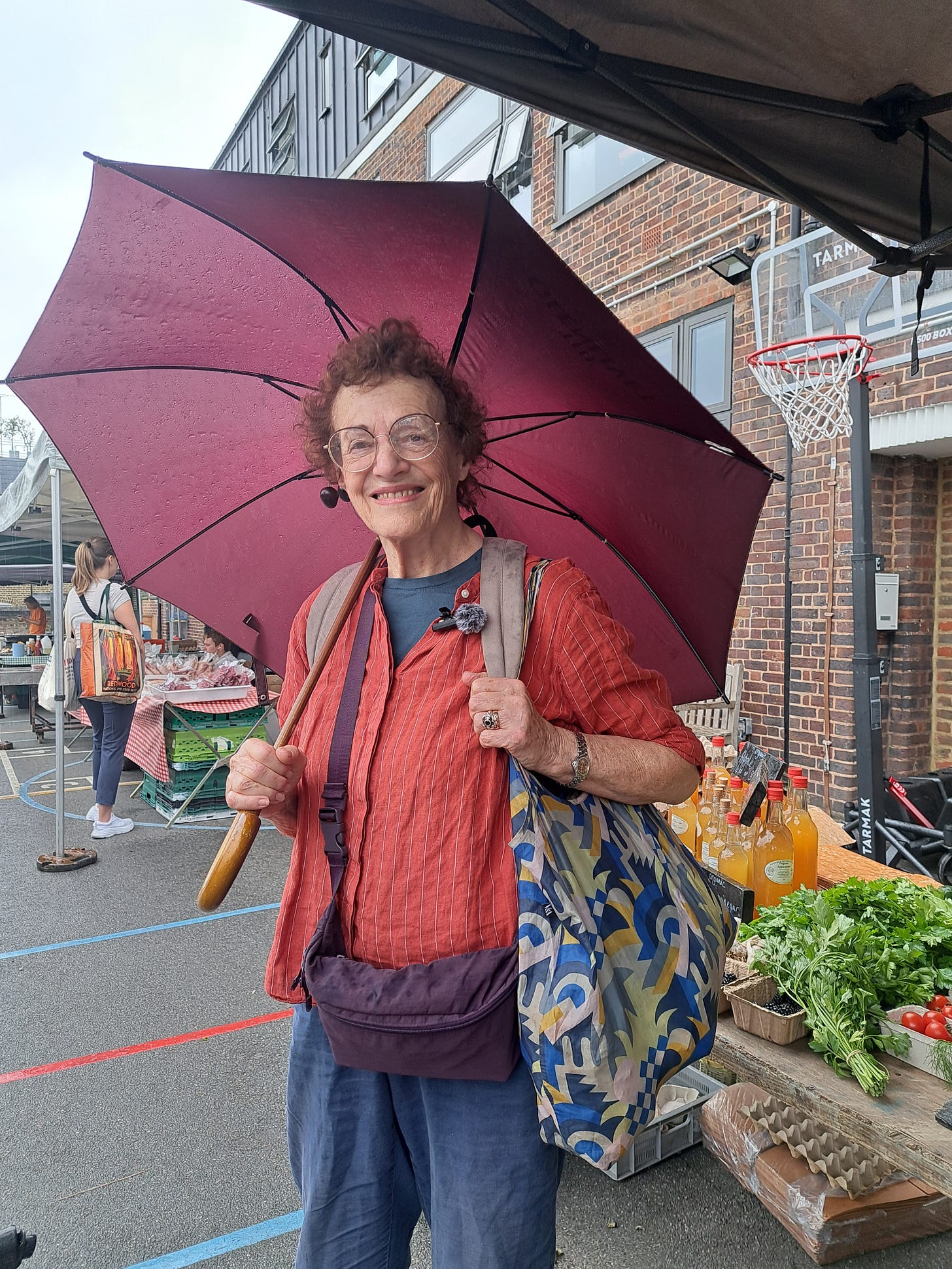 Elisabeth Luard at Notting Hill farmers market. I think the rain may have stopped.