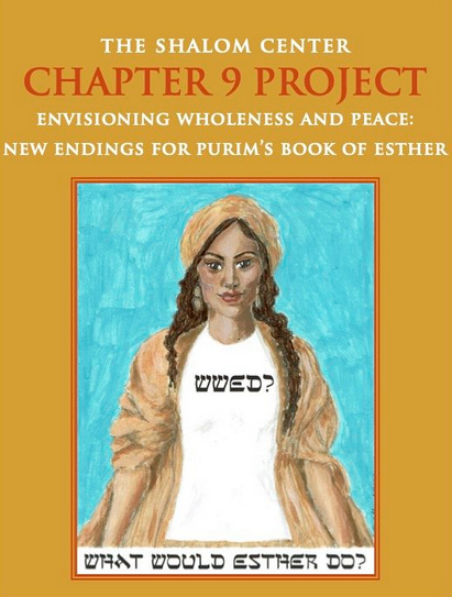 Painting of a woman, two long brown braids, white skin, pink headscarf, pink jacket, white shirt that reads "WWED?" and a caption "What would esther do?" in biblical-looking hebrew-ish letters