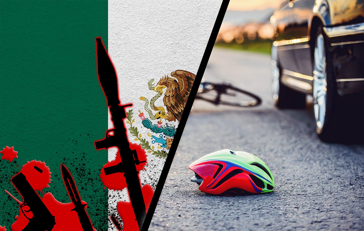 Graphic showing weapons superimposed on the Mexican flag and a bicycle accident involving an automobile