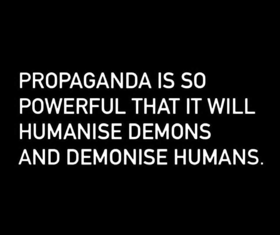 May be an image of text that says "PROPAGANDA IS so POWERFUL THAT IT WILL HUMANISE DEMONS AND DEMONISE HUMANS."