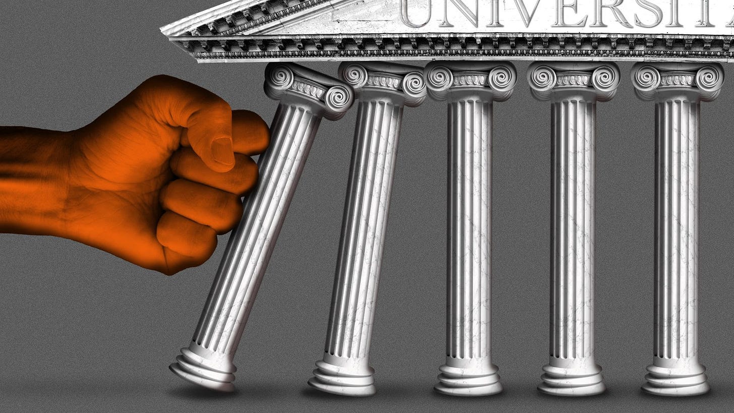 Illustration of a fist pushing over the columns of a university building to the right