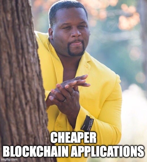 Black guy hiding behind tree |  CHEAPER BLOCKCHAIN APPLICATIONS | image tagged in black guy hiding behind tree | made w/ Imgflip meme maker