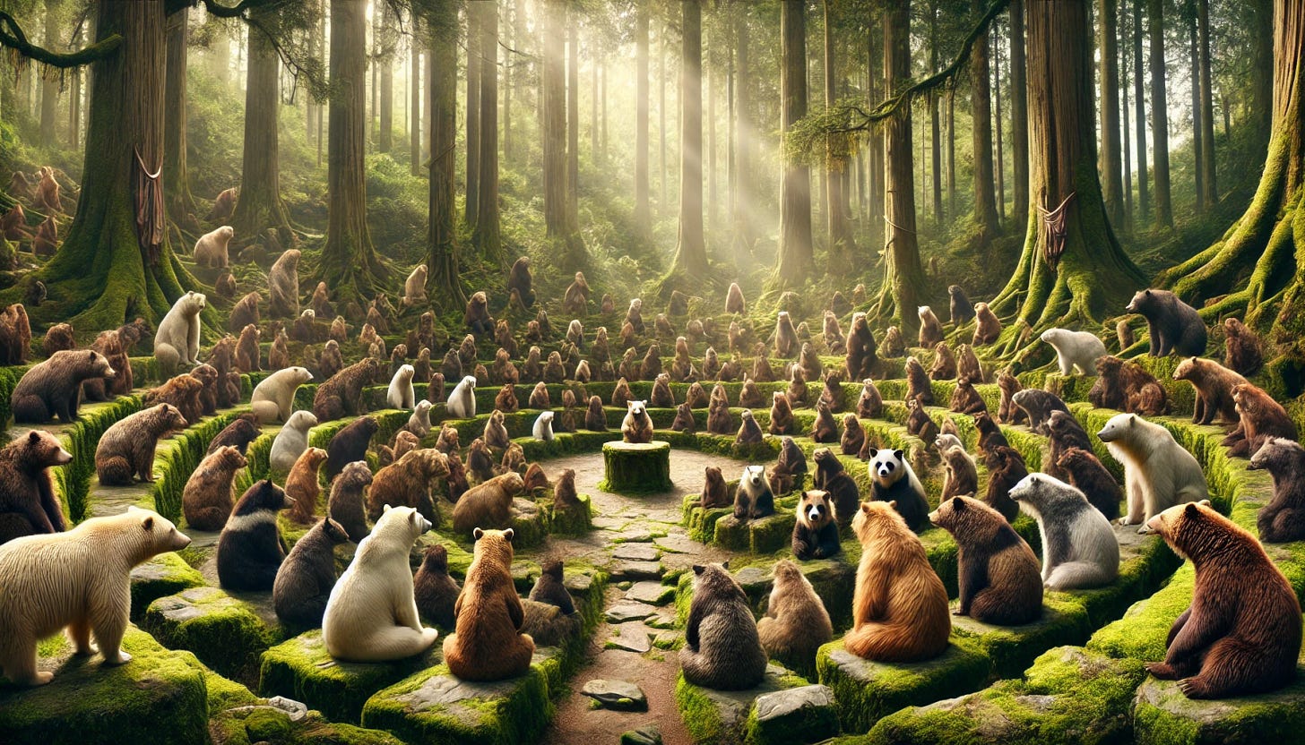 A majestic and grand democratic council of bears gathered in a lush, verdant forest. Wide aspect. Bears of various species, including grizzlies, polar bears, black bears, and pandas, sit or stand in a large natural amphitheater formed by mossy stones and ancient trees. The atmosphere is solemn and dignified, with sunlight filtering through the dense canopy above, casting golden rays on the assembly. Bears communicate thoughtfully and respectfully, their faces expressive and wise. Some hold symbols of leadership or wisdom, like carved wooden staffs or woven flower crowns. The setting is peaceful, harmonious, and vibrant with nature's beauty.