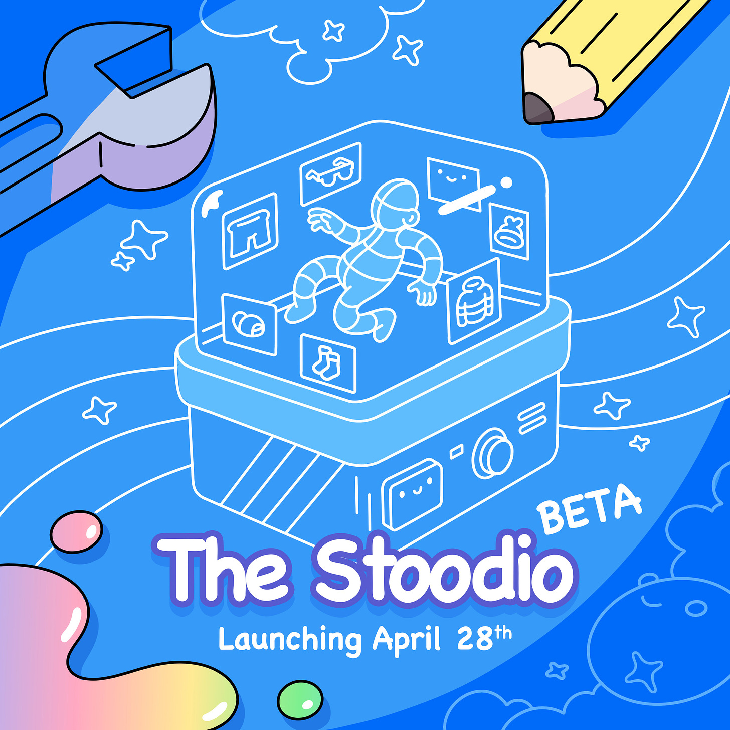 A zoomed in look at the Doodlemap, with a focus on The Stoodio, showing Wearables and a Doodle. Laying on the map is a pencil, wrench, and rainbow spill. 

The copy on the image reads The Stoodio: Beta. Launching April 28th.