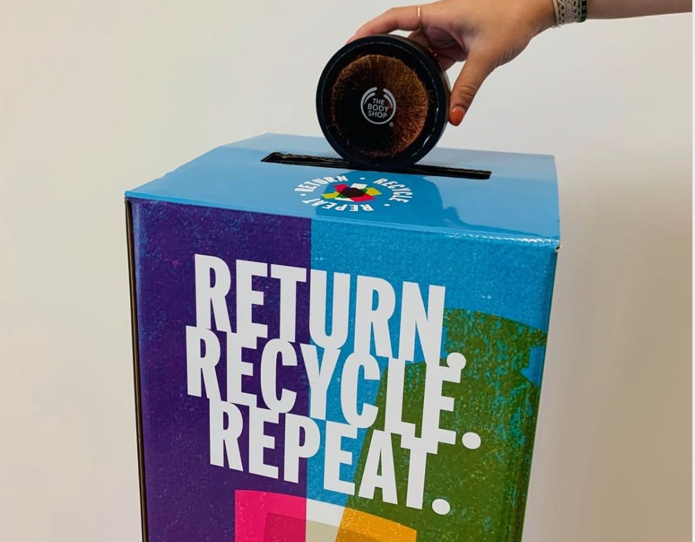 Body Shop container return bin with Return. Recycle. Repeat.
