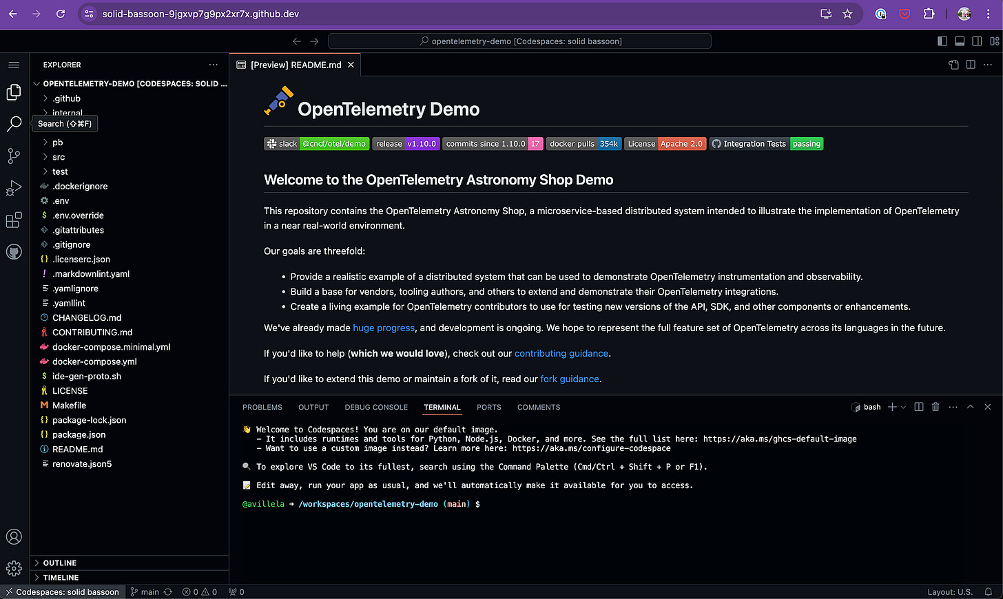 Screen capture depicting a browser-based VSCode development environment for the open-telemetry/opentelemetry-demo repository in GitHub