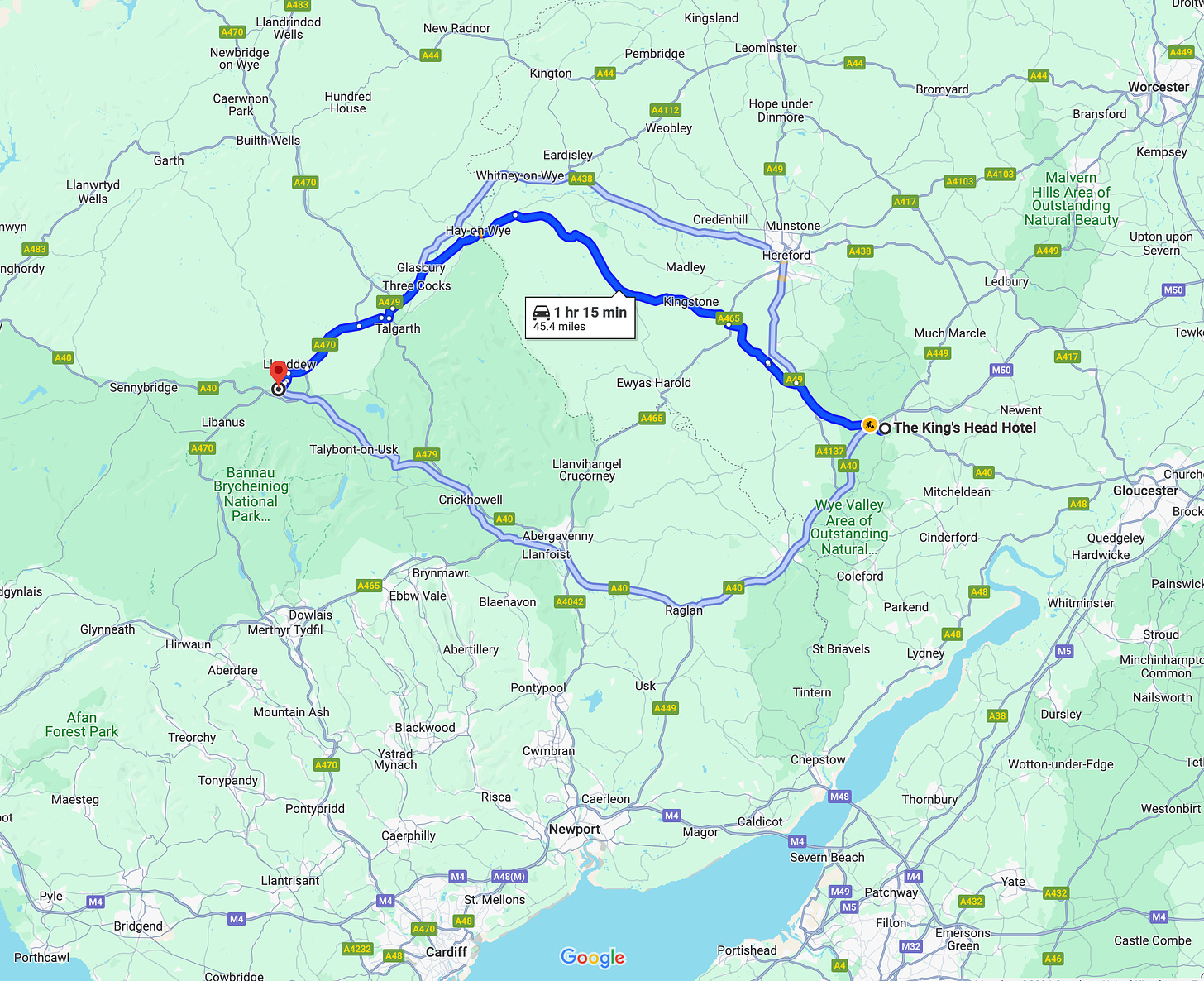Map showing route from Ross-on-Wye to Brecon