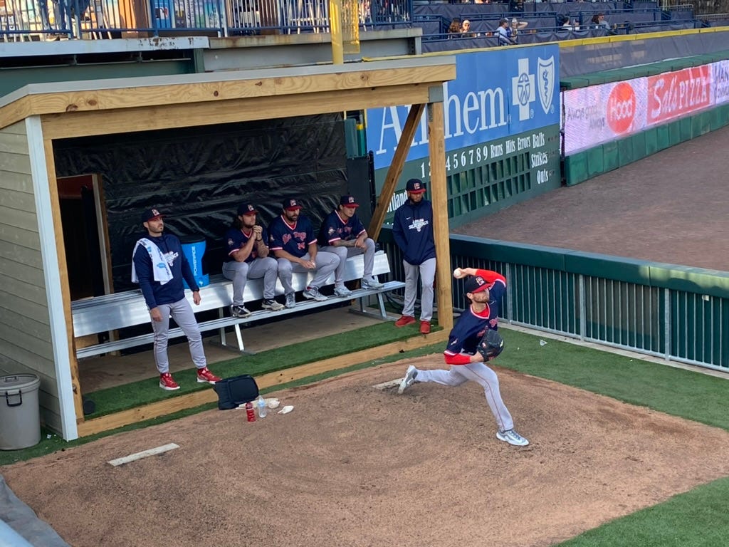 Portland Sea Dogs Lefty Shane Drohan warms up before his start vs. the New Hampshire Fisher Cats in Manchester, NH on 4/14/23. Photo by Jake T. O’Donnell.