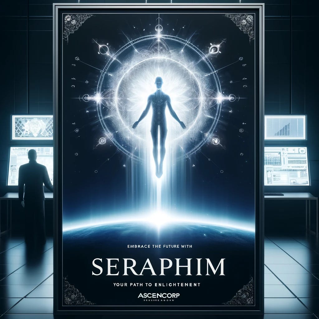 A futuristic, sleek promotional poster from AscendCorp showcasing their AI system, Seraphim. The image features a serene, glowing figure ascending into a bright, heavenly light, surrounded by digital patterns and celestial motifs. In the background, shadowy figures in suits manipulate control panels, hinting at a sinister undertone. The poster has a clean, polished look with the tagline 'Embrace the Future with Seraphim: Your Path to Enlightenment' prominently displayed.