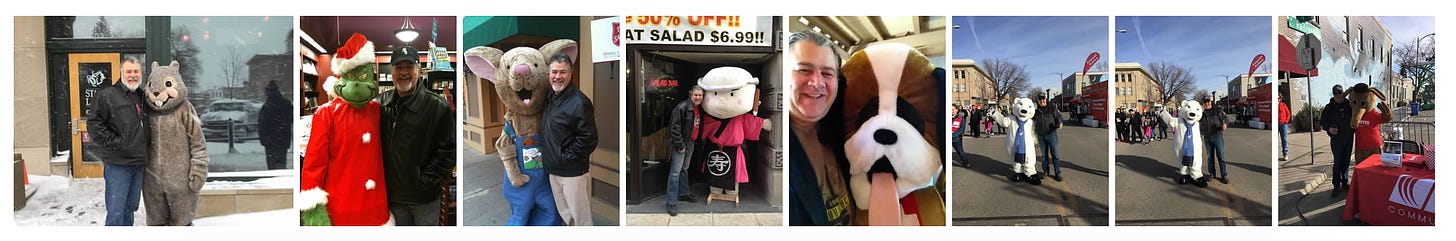 A strip of photos featuring a hunky white man smiling while posing with various mascots