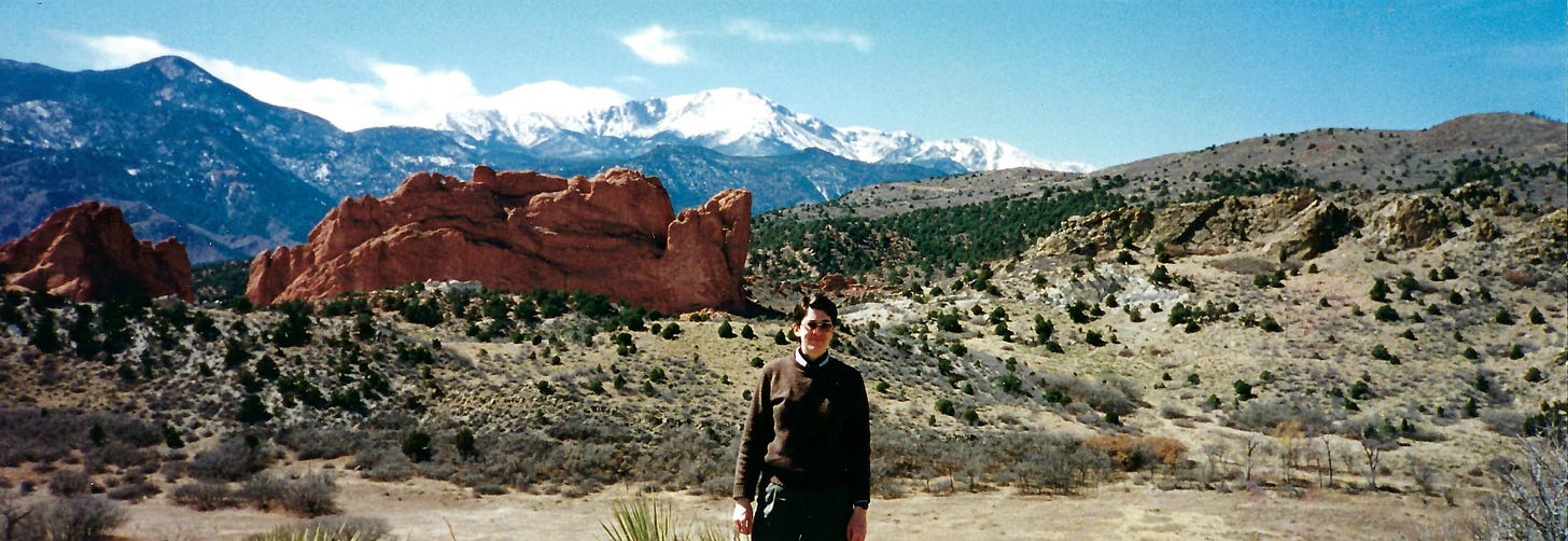 Pike's Peak & Garden of the Gods behind Bonnie Huval in April 1997