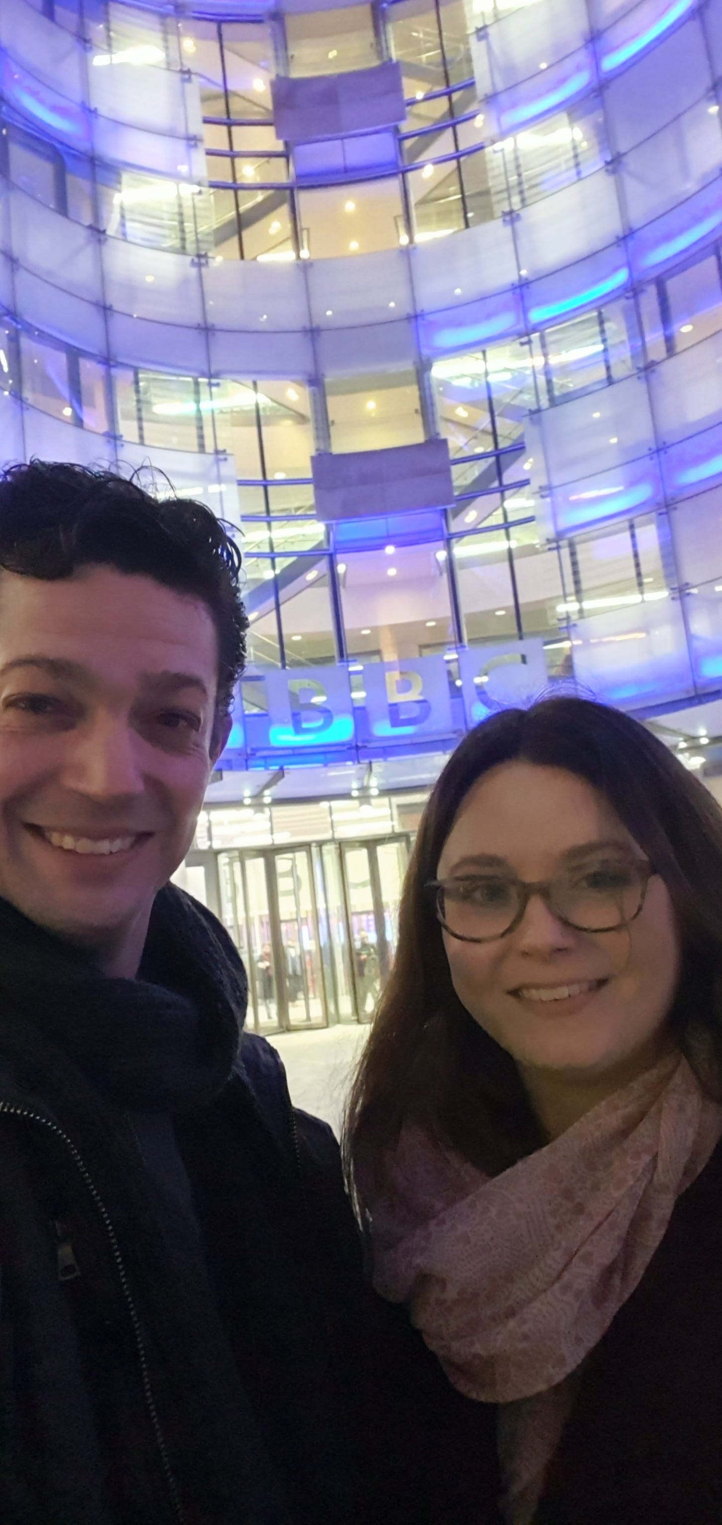 chip and emma outside bbc broadcasting house