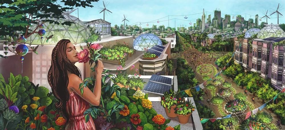 An illustration of a woman smelling some flowers in a luscious rooftop garden. There are solar panels, wind turbines, public green spaces, and high-density buildings.