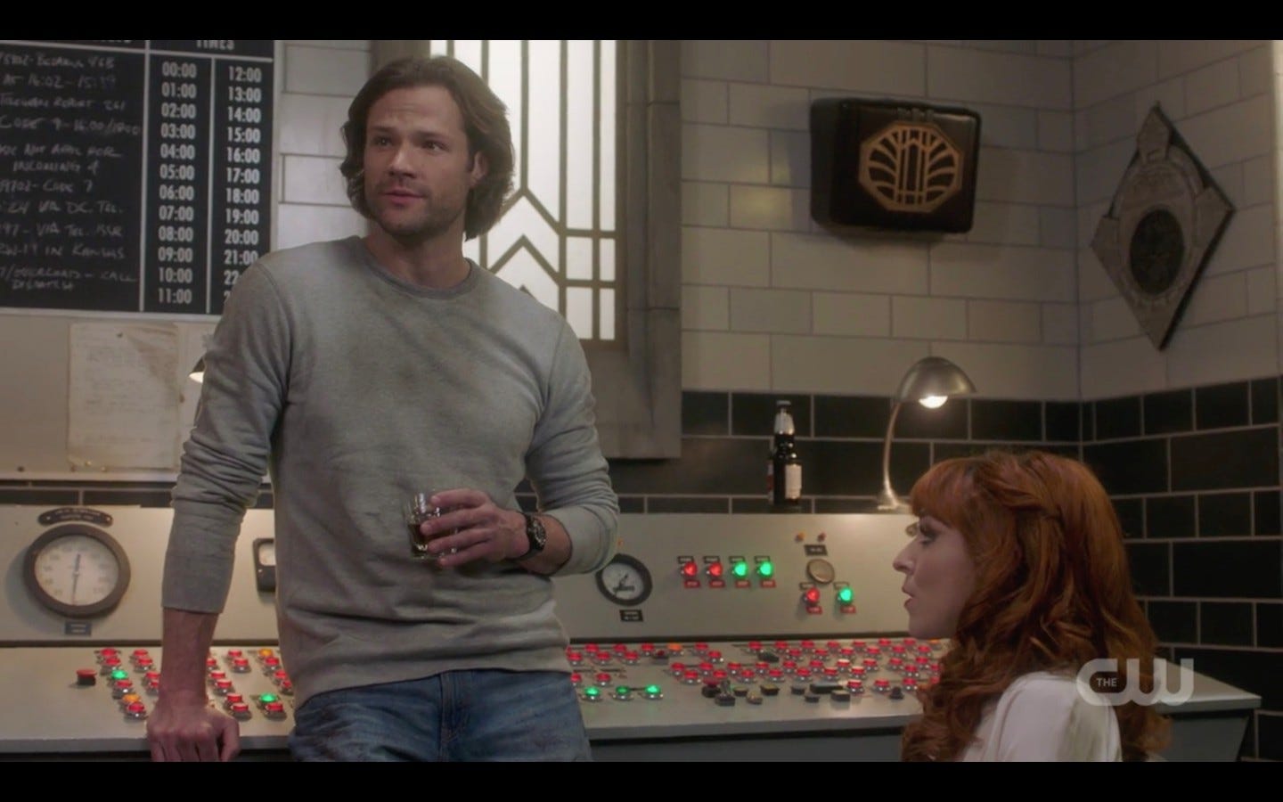 sam winchester gray shirt jeans with rowena supernatural exodus