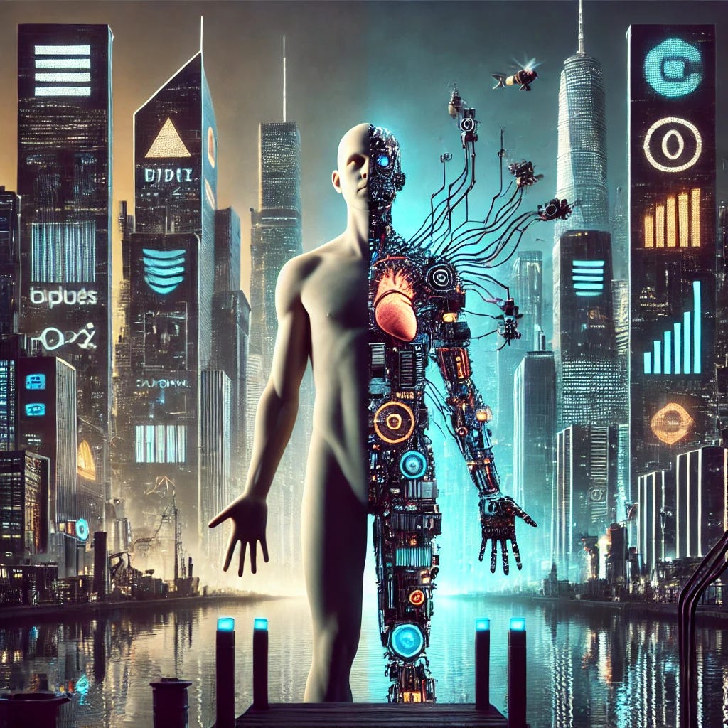 Create a striking image representing the corporate takeover of identity through the lens of transgenderism. The scene should depict a symbolic representation of identity being commodified, with corporate elements interwoven with human aspects. The background features a dystopian cityscape, filled with towering skyscrapers bearing corporate logos and symbols. In the foreground, a human figure stands, half of their body appearing natural and the other half mechanized, illustrating the influence of technology and corporate interests. The natural side shows vulnerability and authenticity, while the mechanized side is adorned with barcodes, wires, and robotic components, symbolizing control and commodification. The color palette should be dark and muted, with a few contrasting neon highlights to emphasize the technological aspect. The overall atmosphere should feel unsettling, highlighting the tension between individuality and corporate influence.