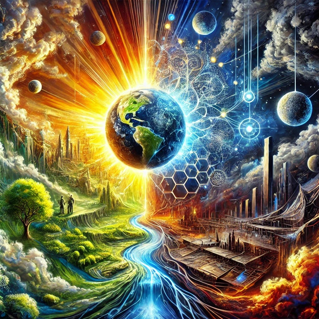 A vibrant and expressive oil painting depicting a metaphorical representation of global geopolitics, biosecurity, and systemic risks. The artwork features a dramatic earthscape divided into contrasting zones, symbolizing division and tension. On one side, a flourishing world with vibrant greenery and radiant sunlight; on the other, a desolate, industrialized wasteland shrouded in shadowy hues. In the center, an intricate, luminous network of lines and nodes suggesting the interconnectedness of technology, society, and control. Above, a dramatic sky with swirling clouds, representing uncertainty and impending change. The painting is rich with bold colors and textured brushstrokes, exuding a sense of complexity and depth.