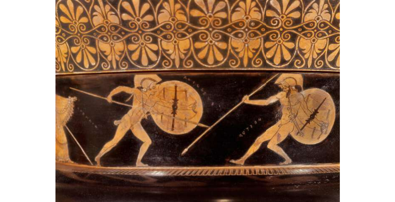 Pottery: red-figured volute-krater (bowl for mixing wine and water) with figure scenes on confined to a narrow, frieze-like band that encircles the lower element of the neck. (a) Combat of Achilles and Hector in the presence of Athena and Apollo.