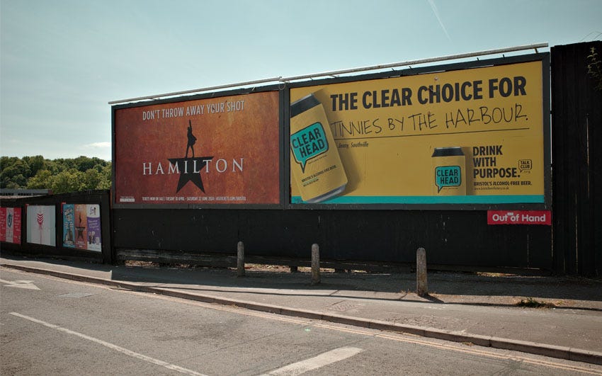 A billboard advertising Clear Head: "The clear choice for... Tinnies by the harbour, Jenny, Southville".