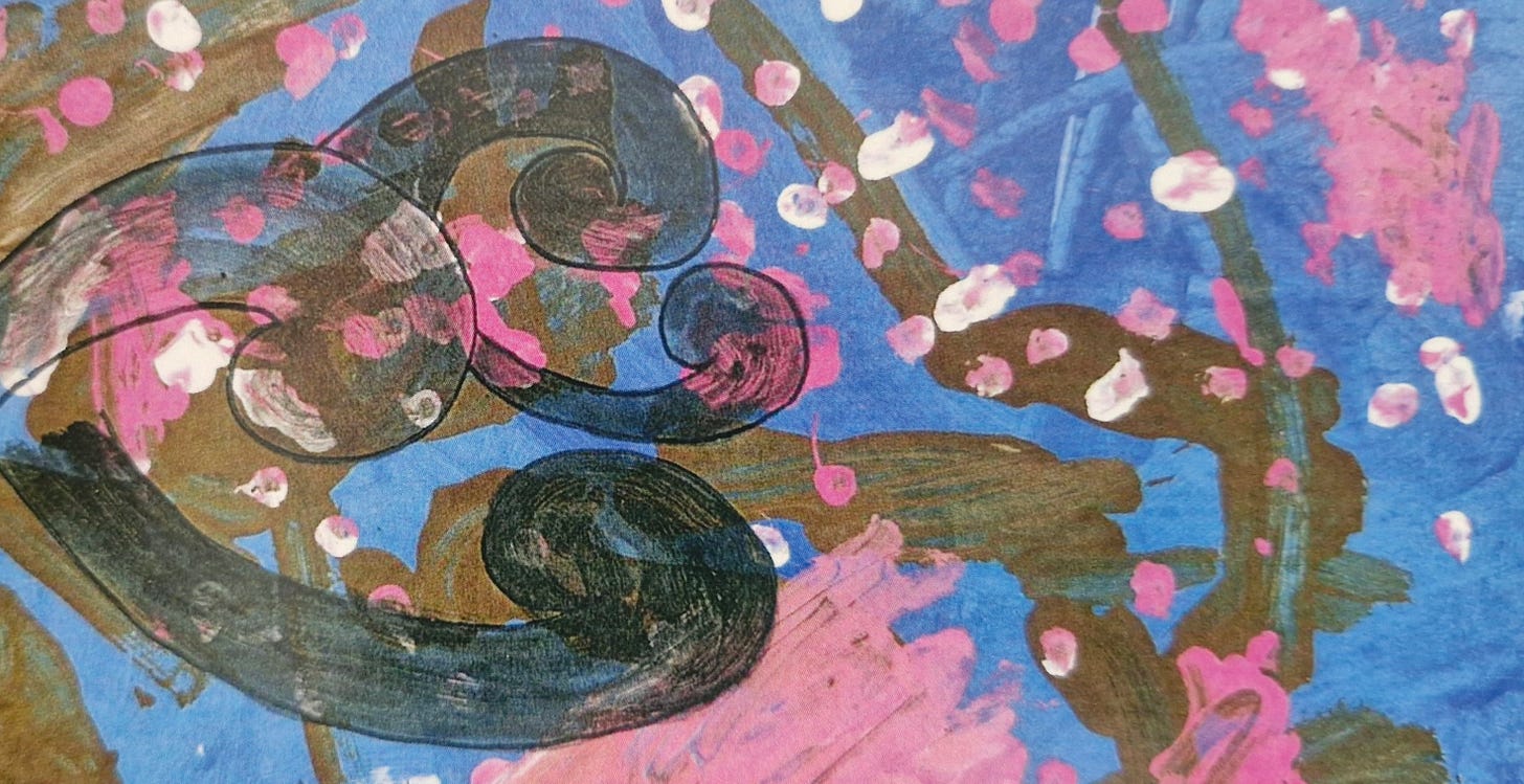 a child's painting in blue, pink, white, and brown. a transparent black koru is overlaid on the left side