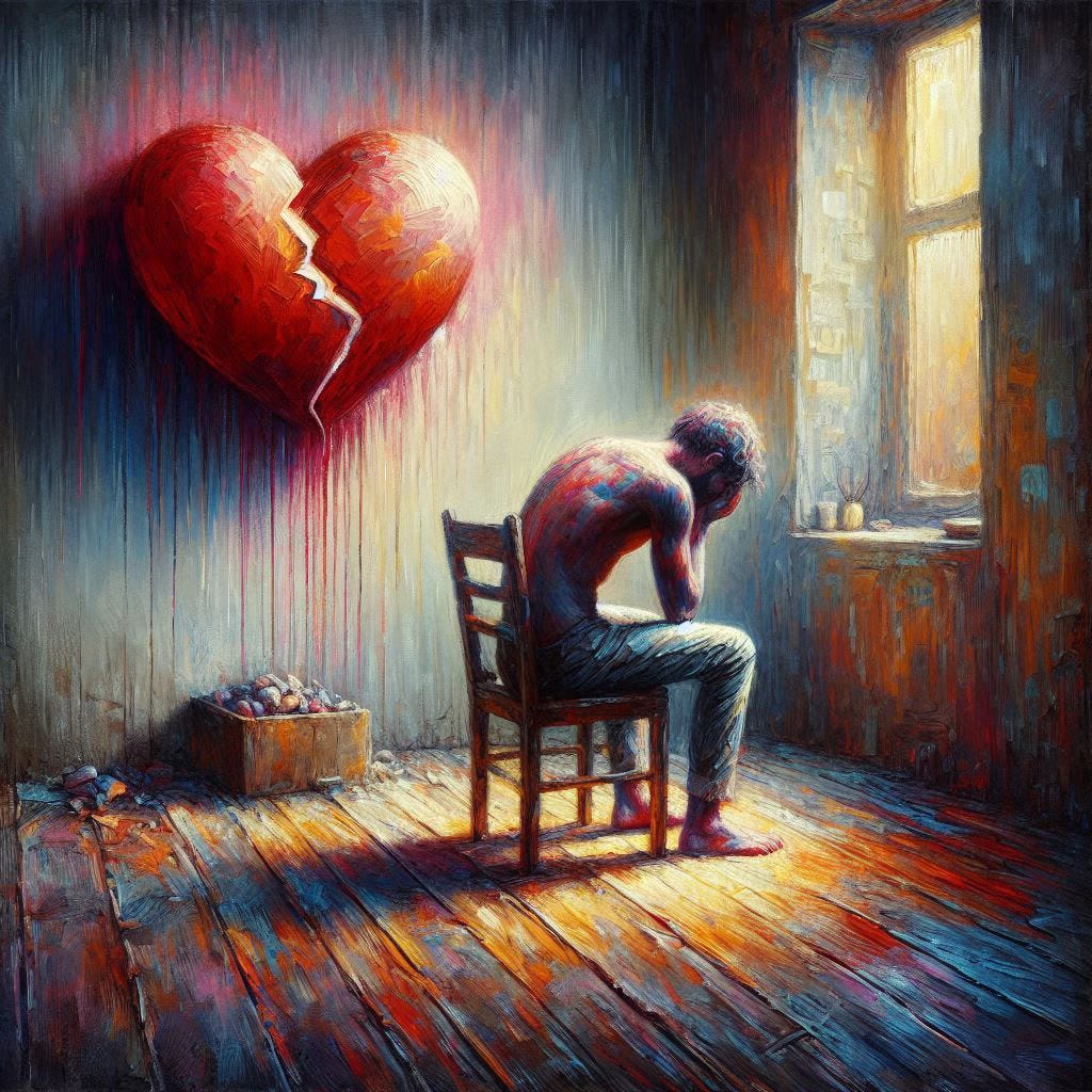 A MAN CRIES SITTING IN A CHAIR HIS FACE BURIED IN HIS HANDS AND A BROKEN HEART IS ON THE WALL BEHIND HIM