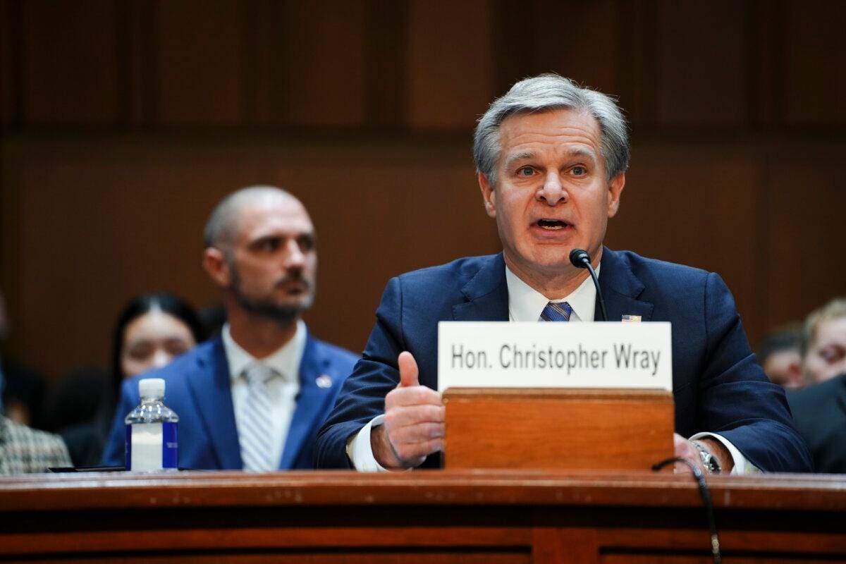 Federal Bureau of Investigation (FBI) director Christopher Wray testifies before the Senate Judiciary Committee in Washington on Dec. 5, 2023. (Madalina Vasiliu/The Epoch Times)