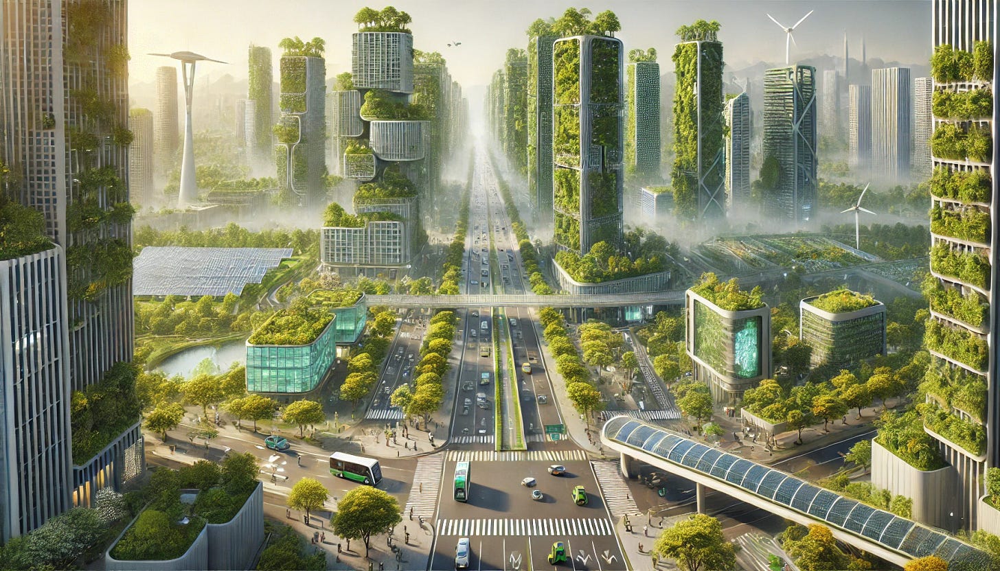 Concept art of a futuristic '15-minute city' featuring towering green buildings covered in vegetation, sleek self-driving vehicles on clean streets, pedestrian-friendly pathways, and advanced sustainable infrastructure. The city is bathed in natural light, with solar panels and wind turbines integrated into the urban landscape. A harmonious blend of technology and nature, showcasing an eco-friendly and innovative urban design.