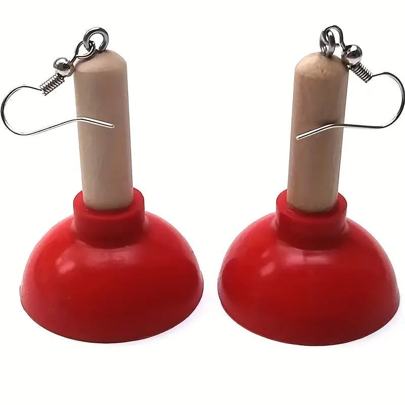 1 pair funny creative toilet plunger dangle earrings, prank gift for girls, bathroom style novel jewelry red 0