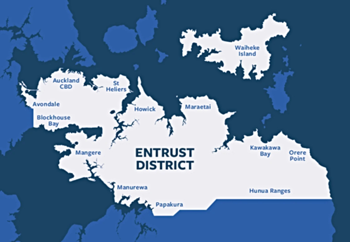 Map of Auckland showing the Entrust District. Includes central Auckland from Avondale & Blockhouse Bay eastwards, and all of East & South Auckland down to Papakura, Hunua Ranges, and Orere Bay. Includes Waiheke Island.