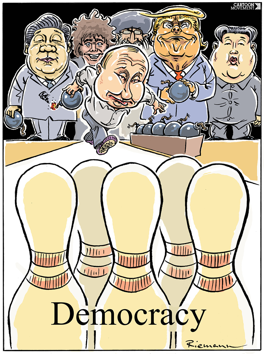 Cartoon showing Putin, Trump, Milei, Xi Jinping, Kim Jong Un and Ayatollah Khomeini bowling. Putin is up, and is getting a bowling ball that is also a bomb with a burning fuse. The pins he is aiming at are labeled 'democracy'.