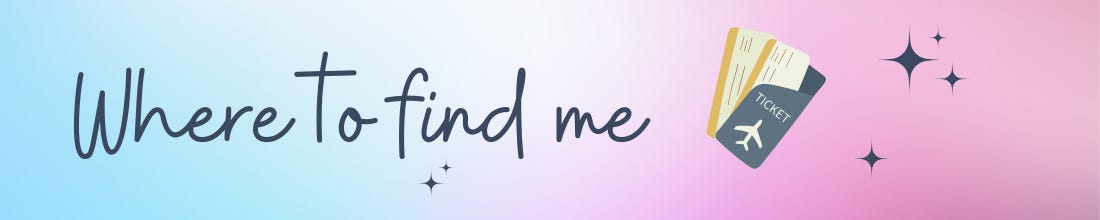 blue and pink gradient background with the title "Where to find me" and a small graphic of a passport and plane tickets