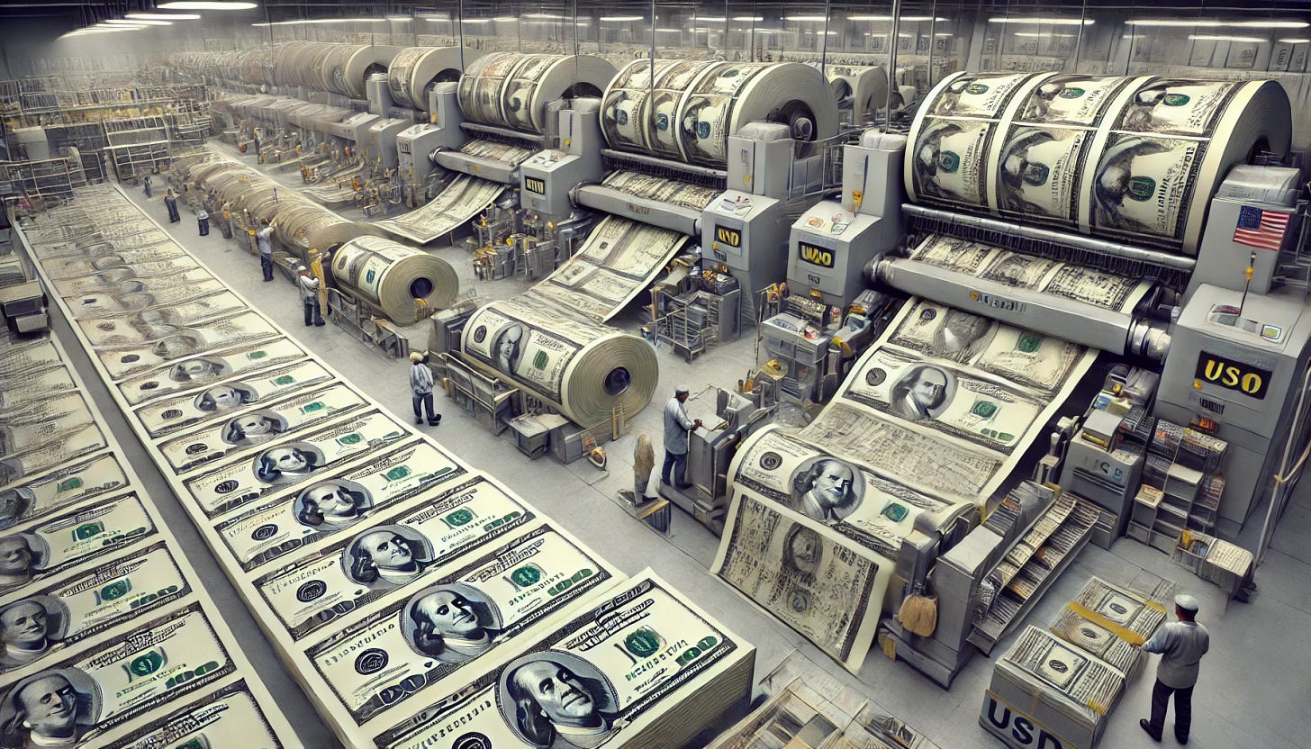 A detailed scene of money printing at a mint, specifically for USD. The image shows large industrial printing machines producing sheets of freshly printed 100 dollar bills, each bill at a normal size that can fit in a human hand. Workers are seen monitoring the machines and inspecting the currency. The environment is clean and well-lit, with stacks of completed currency and rolls of blank paper in the background. The 100 dollar bills are highly detailed, with recognizable elements such as the portraits and seals. Overall, the scene captures the precision and scale of money production.