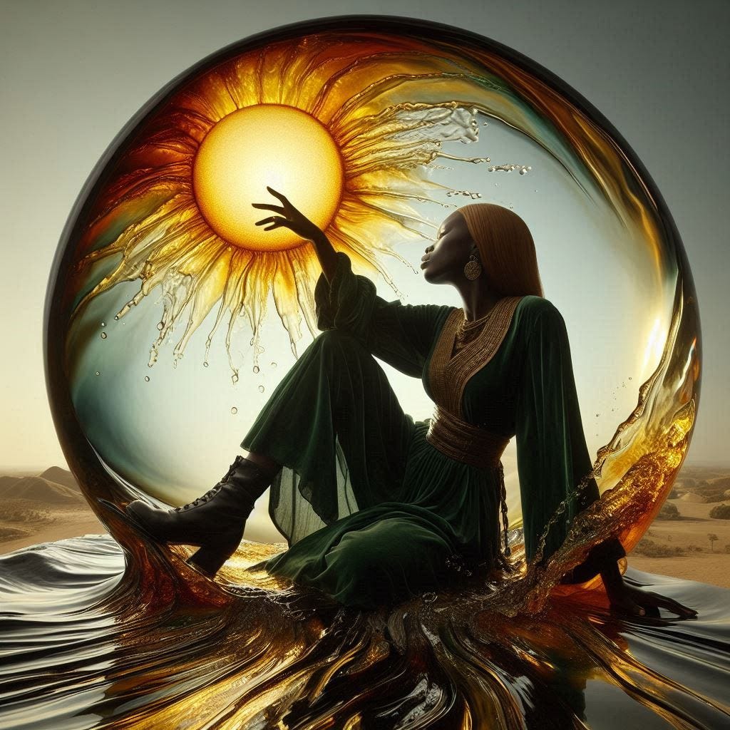 resin sun inside glass; tiltshift /flying at angles/ 8d angled glass embedded /beautiful, Senegalese woman leaning into camera/ velvet green, cream, black silk/ black leather boots. water in resin/ ; she is at Monks mound at Cahokia / amber cream,tsunami full of fire/ reverberating waves. black hole in floor/ water in resin verdigris/ In the style of Michael Parkes. black etching/ black linework/ daytime sky/fluffy clouds 