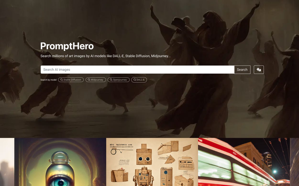 Screenshot of the PromptHero frontpage