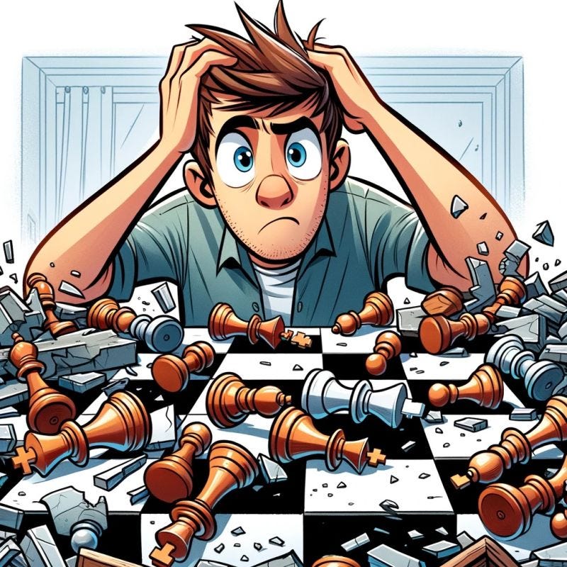 A confused man with a broken chess board
