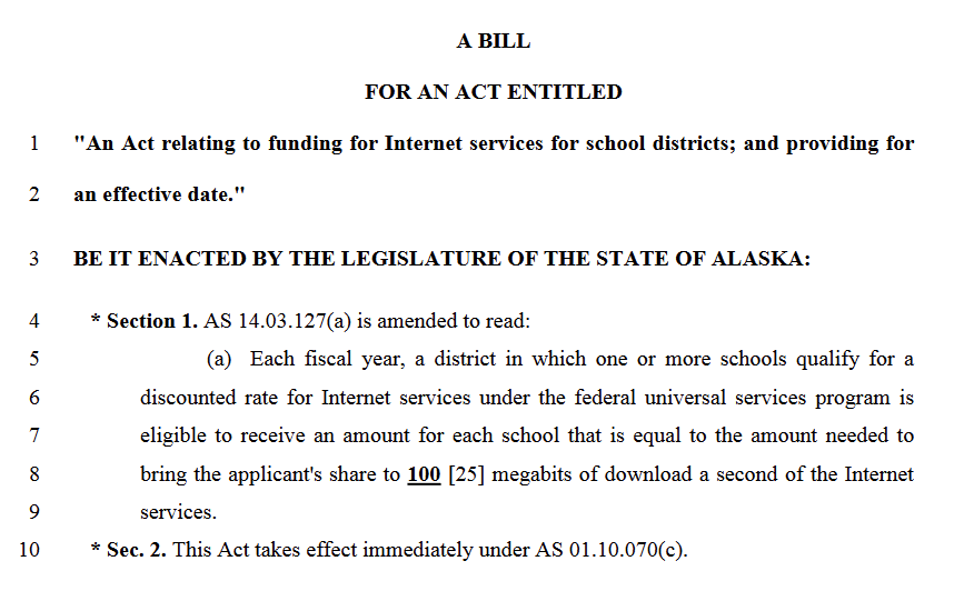 A BILL FOR AN ACT ENTITLED "An Act relating to funding for Internet services for school districts; and providing for1 an effective date."2 BE IT ENACTED BY THE LEGISLATURE OF THE STATE OF ALASKA:3 * Section 1. AS 14.03.127(a) is amended to read:4 (a) Each fiscal year, a district in which one or more schools qualify for a5 discounted rate for Internet services under the federal universal services program is6 eligible to receive an amount for each school that is equal to the amount needed to7 bring the applicant's share to 100 [25] megabits of download a second of the Internet8 services.9 * Sec. 2. This Act takes effect immediately under AS 01.10.070(c).