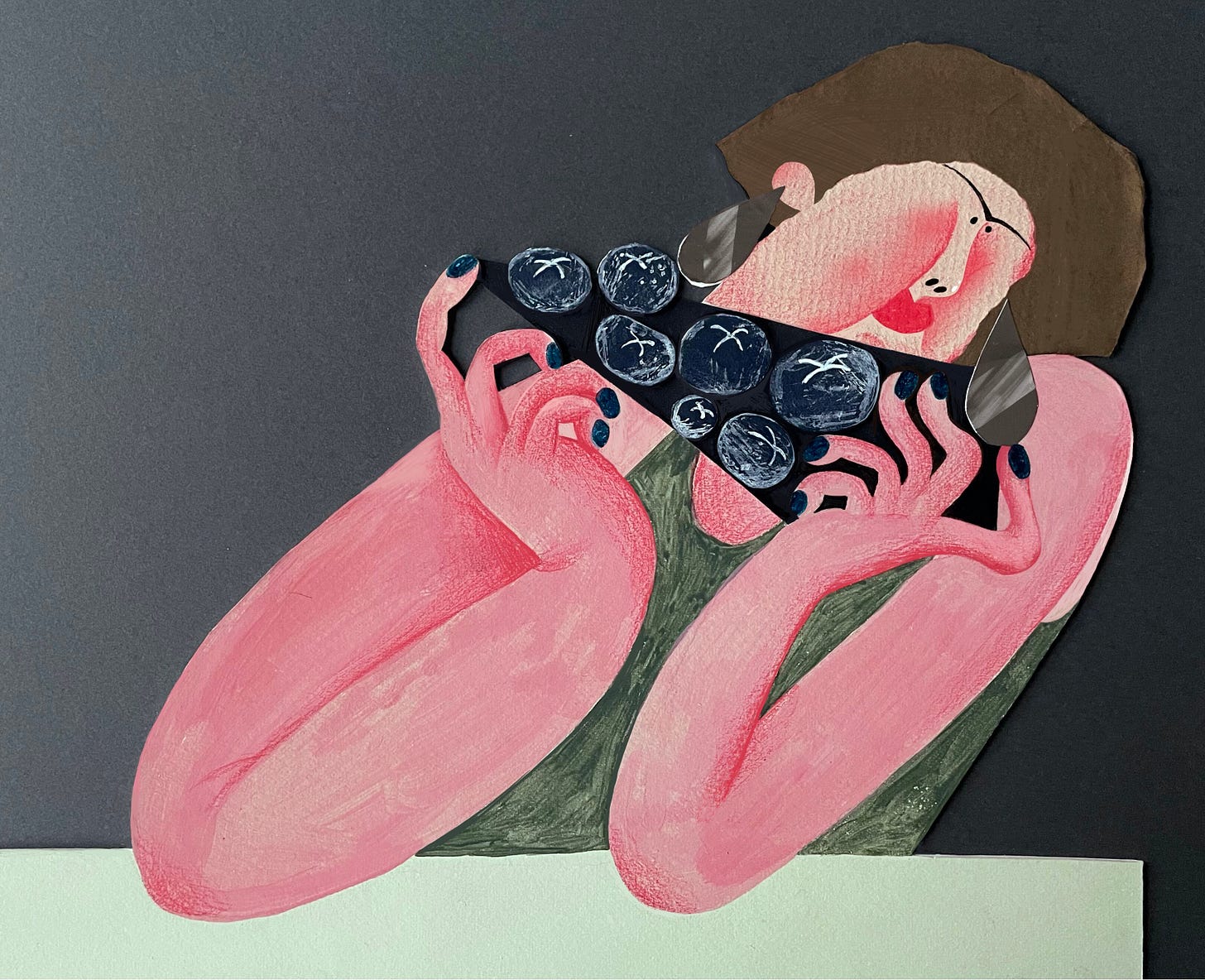 A painted paper cutout of a figure, with large teardrop earrings, holding a slice of pie covered in blueberries.