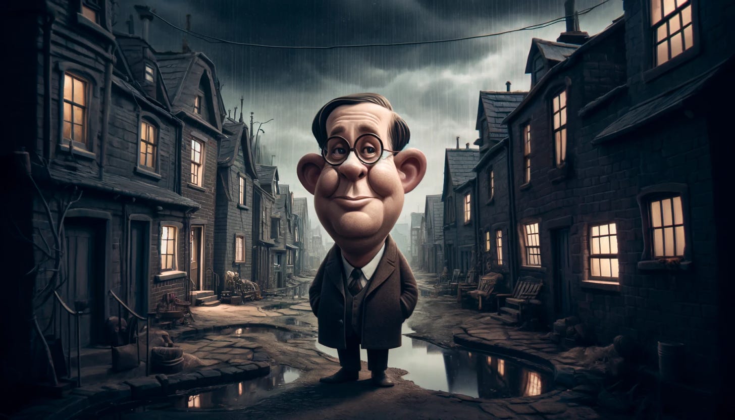 A cartoonish, desolate, gloomy town with perpetually overcast skies and dim lighting. The buildings are exaggeratedly worn down, with cracked walls and broken windows. The streets are empty and lifeless, with sparse vegetation and puddles of dirty water. In the scene, there is a caricature rendering of C.S. Lewis, depicted with exaggerated features such as a prominent nose and large glasses, but with more recognizable characteristics like his distinct mustache, receding hairline, and round face. He is standing in the middle of the town, looking around with a thoughtful expression. The overall atmosphere is dark and oppressive, but with a whimsical, animated style.