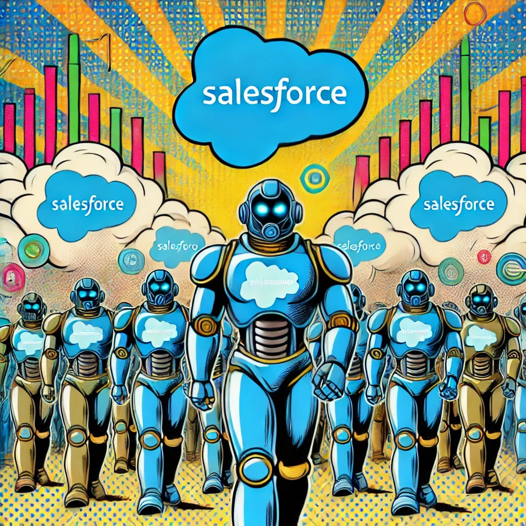 A vibrant pop-art style illustration of 'Salesforce Deploys its Army of Bots.' The scene features a coordinated army of futuristic robots with glowing blue Salesforce logos on their chests, marching in formation. The robots have bold outlines and exaggerated pop-art style designs, with comic-inspired halftone patterns and dynamic shading. The Salesforce cloud logo is prominently displayed in the sky with bursts of light and colorful rays radiating outward. The background features financial charts, tech symbols, and digital patterns, rendered in bold pop-art colors like electric blue, yellow, and red. The style is clean, energetic, and professional, designed for a financial newsletter. Format: 16:9, 1920x1080 resolution.